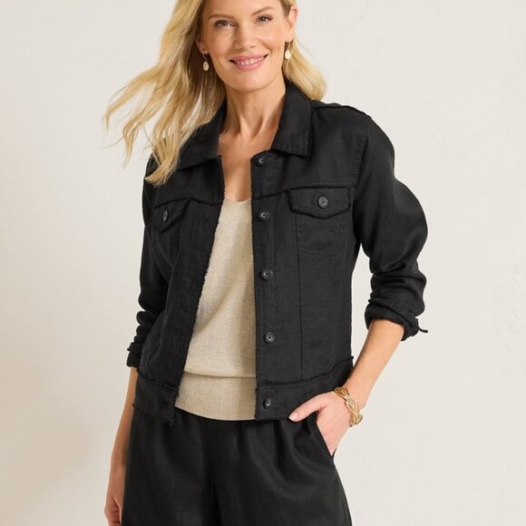 Tommy Bahama Two Palms 100% Linen Raw-Edge Jacket Button-Front Pocket Black - Picture 3 of 15